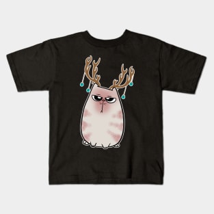 Angry Christmas Cat Reindeer Antlers Kids T-Shirt